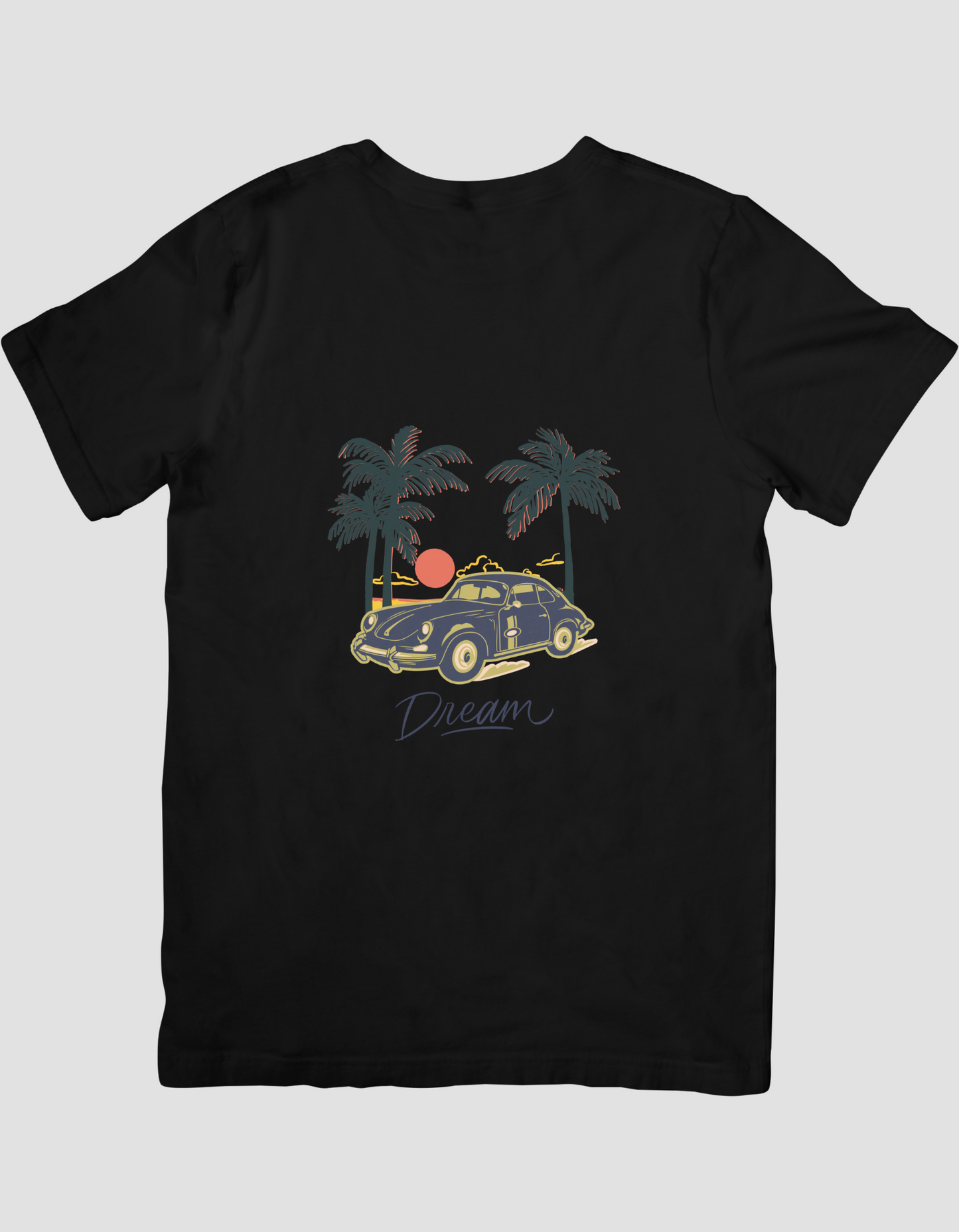 Dark Blue and Brown Beach Illustrative Vintage Car T-Shirt