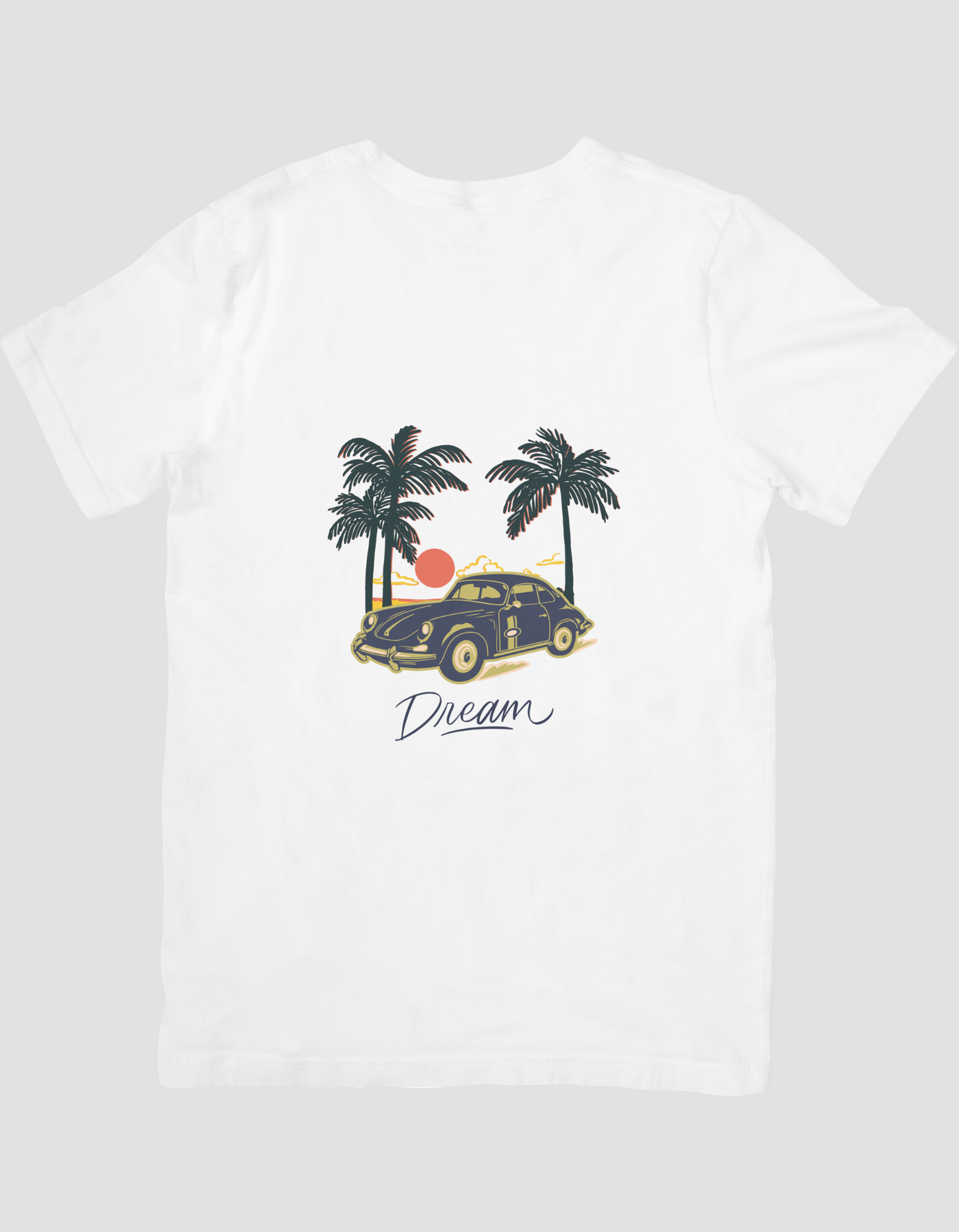 Dark Blue and Brown Beach Illustrative Vintage Car T-Shirt