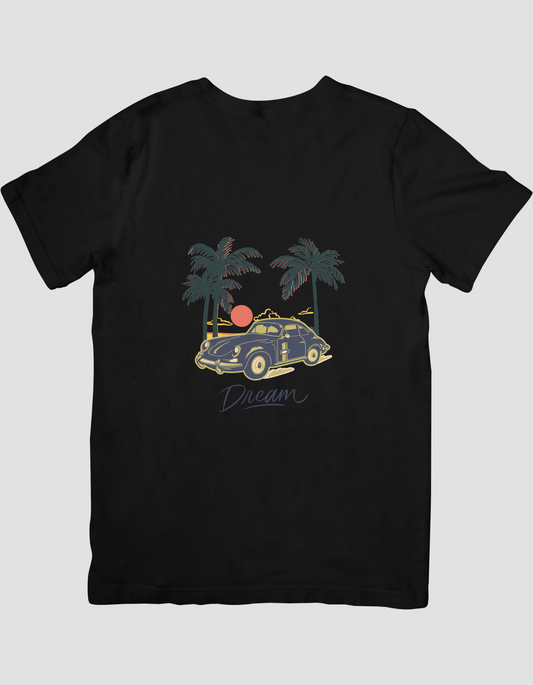 Dark Blue and Brown Beach Illustrative Vintage Car T-Shirt