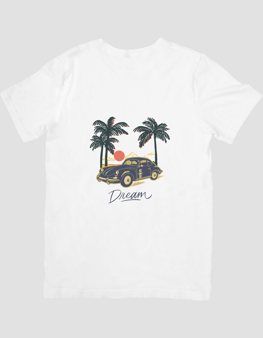 Dark Blue and Brown Beach Illustrative Vintage Car T-Shirt